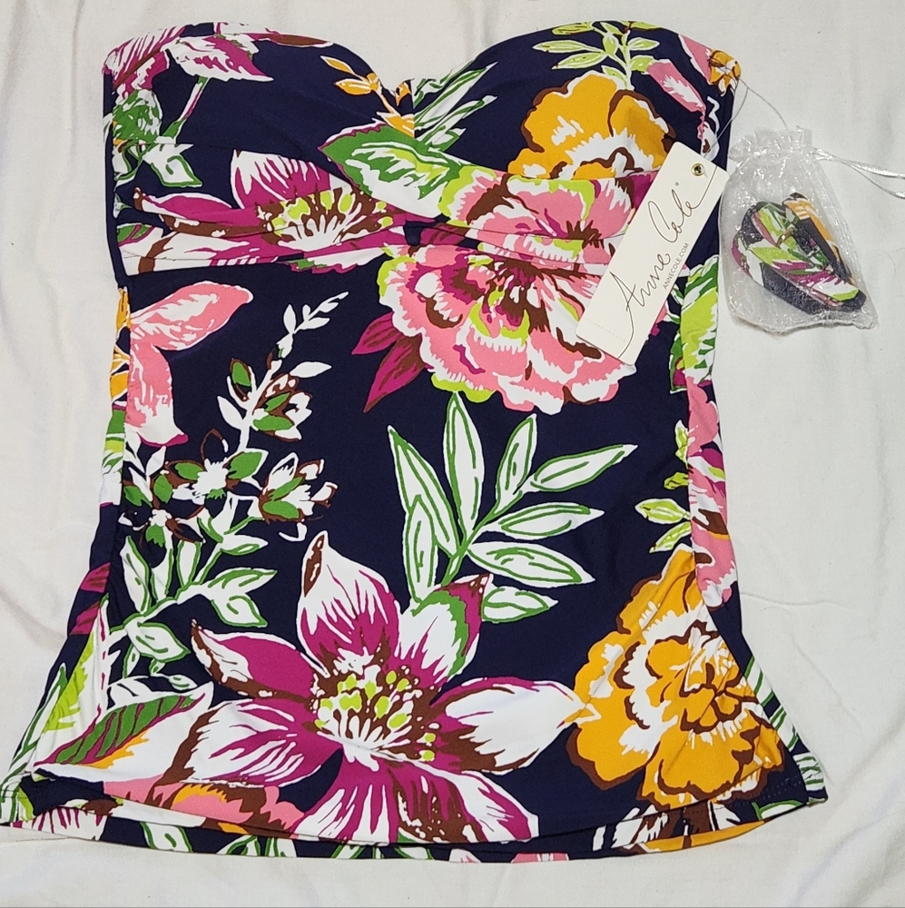 Anne Cole Floral Bandeaukini Swim Top Navy Floral Size Small Tankini‎